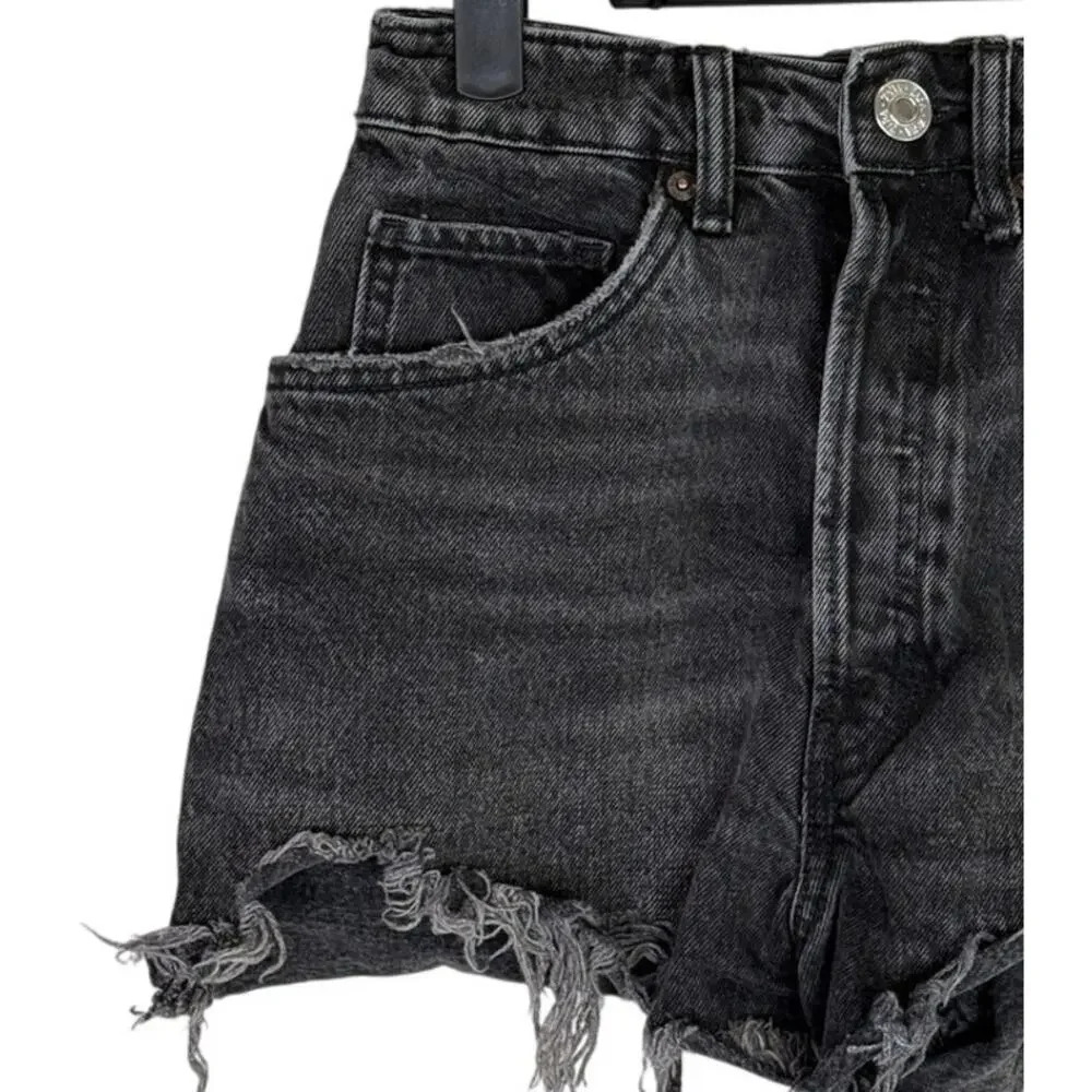 ZARA Cutoff Distressed Jean Shorts Raw Ripped Hem High Rise Pockets 0 Wash Black